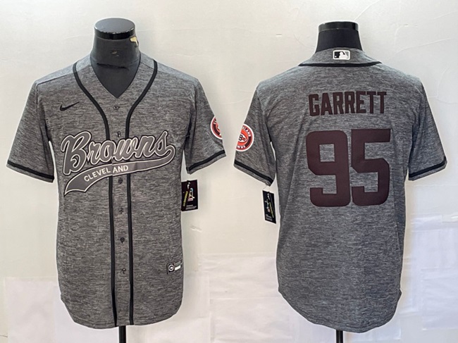 Men's Cleveland Browns #95 Myles Garrett Grey With Patch Cool Base Stitched Baseball Jersey